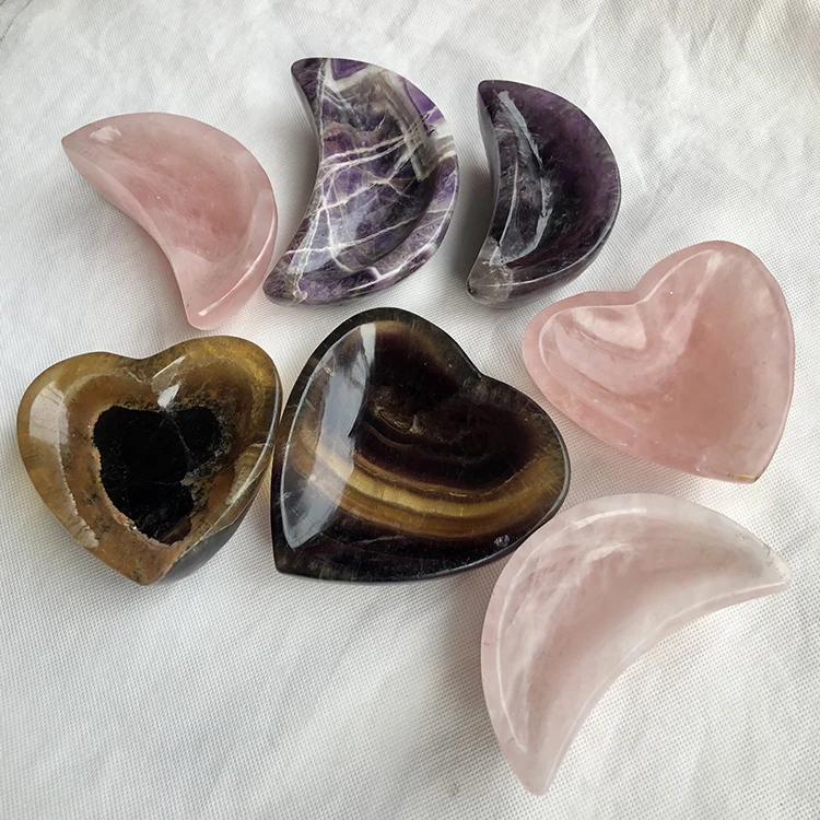 Factory Produce Hand Carved Moon Shaped Natural Pink Rose Quartz Crystal Bowls For Home Decoration
