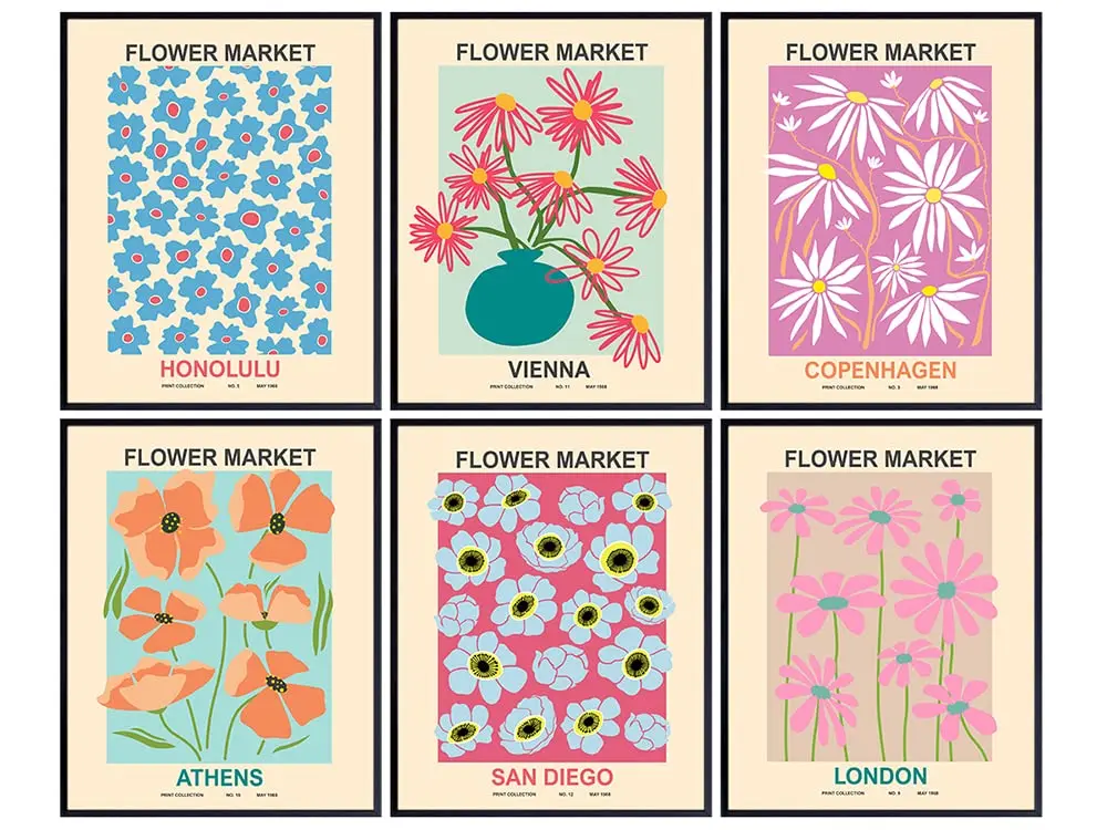 Abstract Minimalist Mid Century Modern Aesthetic Pictures Set Gallery Museum Poster  Flower Market Sign Contemporary Wall Art