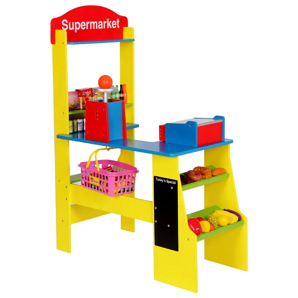 Деревянный магазин продуктов, кассира, стол для супермаркета, игрушечный набор с доской и аксессуарами для еды