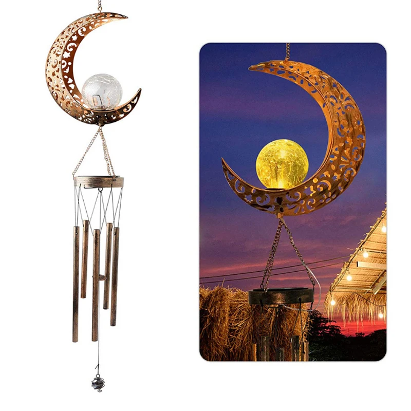 
Courtyard wrought iron hollow moon wind chimes solar panel garden led lawn lights outdoor decorative 
