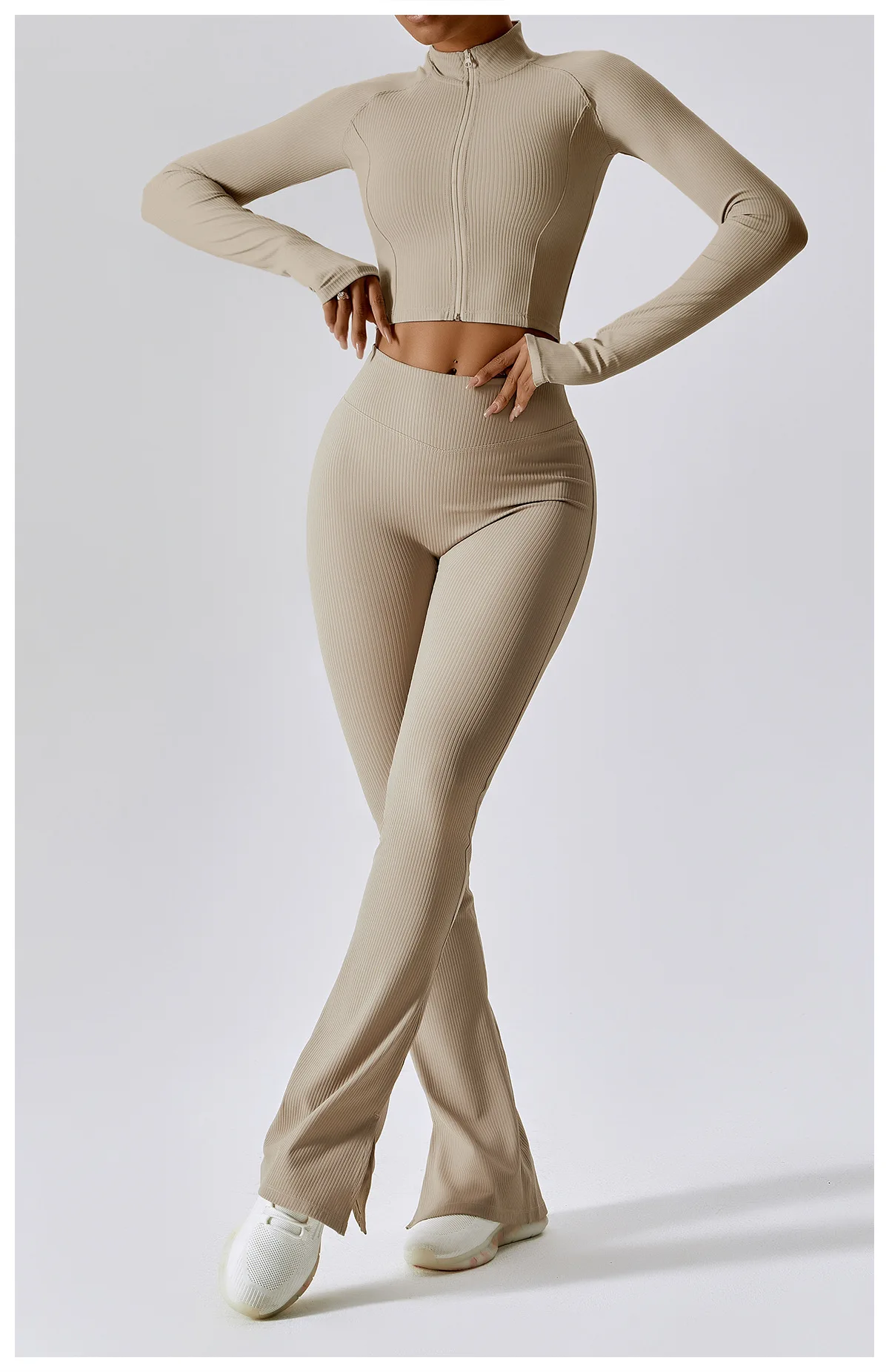 Custom Women Soft Comfort Quick Dry Ribbed V Cut Flare Pants and Jacket  Sports Bra Tops Set