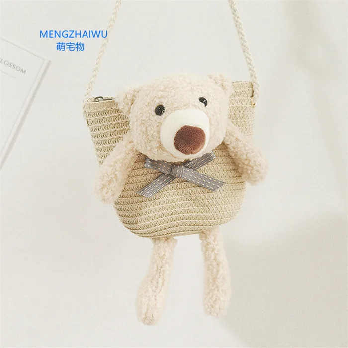 no stock mini crossbody bag straw eco friendly cute bear decoration toddler purses zipper childrens coin bag