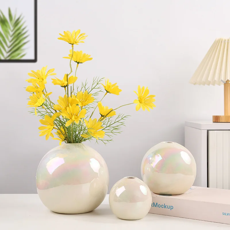 New Color Pearl Glaze Ceramic Ball Flower Vase Figurines For Interior Modern Spherical Decoration For restaurant  Living Room