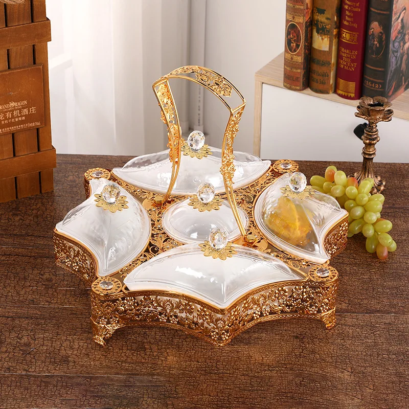 Gold Plated Decorative Cake Candy Stand Fruit Plate Food Tray Glass and Metal Serving Display Trays Snacks Dishes Bowls