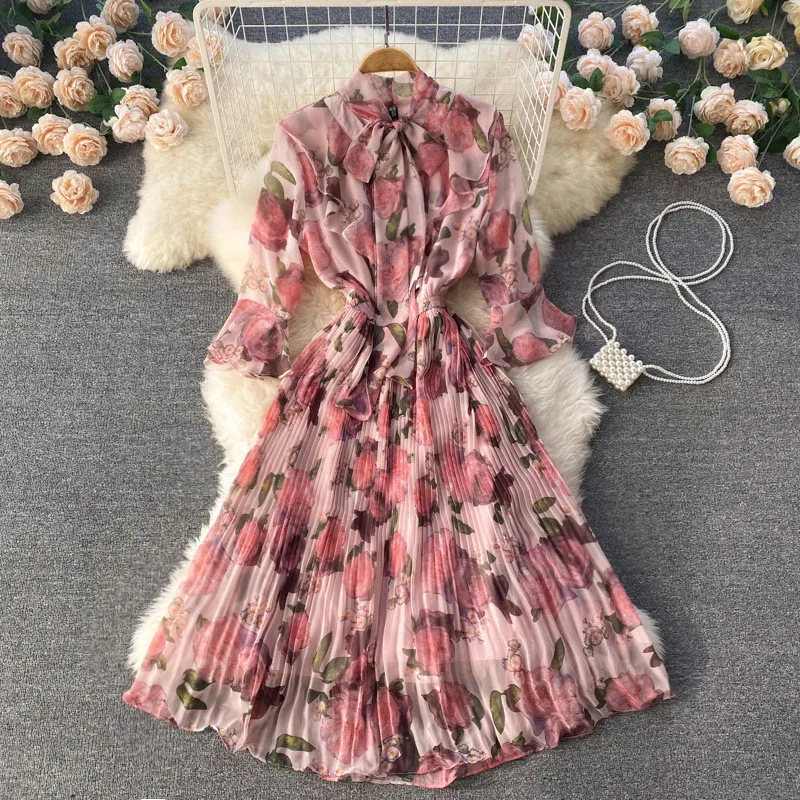 Floral beach dresses holiday bohemian lotus leaf trumpet sleeve round neck chiffon print dress for women
