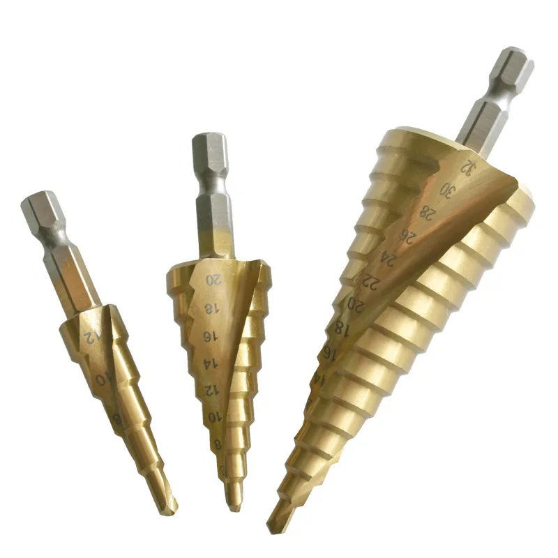 3pcs screw Titanium-Coated High-Speed Steel Step Drill Bit Set Quick Change 4-32mm  Hex Shank Metal Hole Cutter