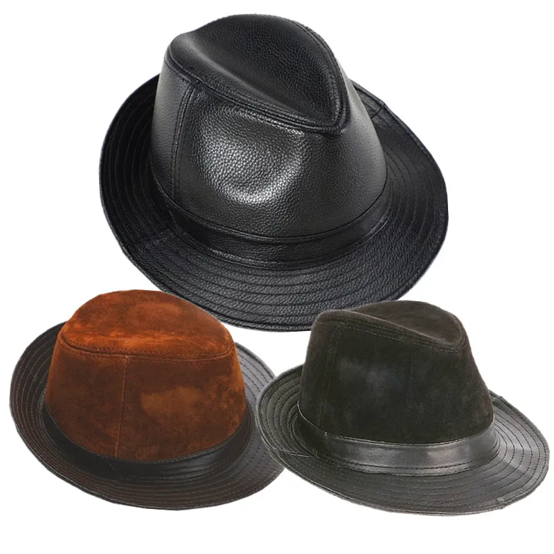 
Men New Style Real 100% Real Sheepleather Black Brown Fedoras Hats Bowler Derby Caps Top Hat Gentleman Hat 