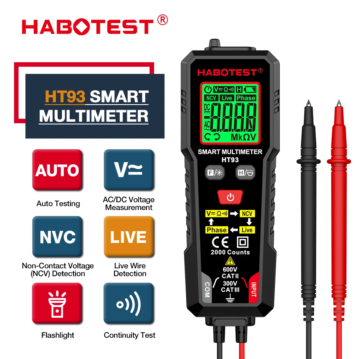 HABOTEST True RMS Phase Sequence Detector Multitester Digital Volt Meter AC DC 600V Smart Multimeter  HT93