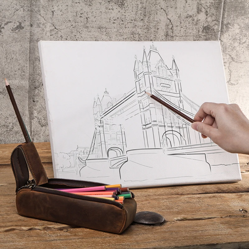 School Stationery Large Capacity Carrying Drawing Sketching Crazy Horse Leather Pencil Case Box with Zipper Strap Pencil Bag