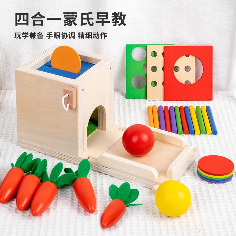 4-in-1 Object Permanence Box Coin Box Carrot Harvest Color Match Sticks Drop Game Wooden Montessori Motor Skill Toys for Toddler