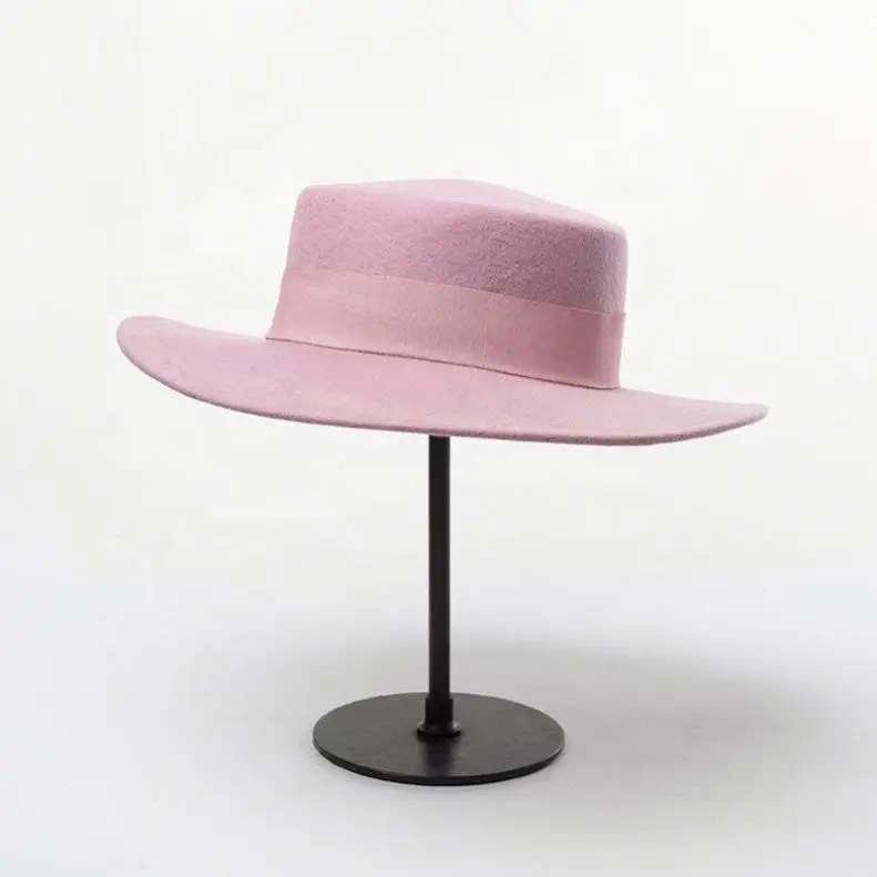 Ladies Wool Felt Boater Hat with Wide Ribbon