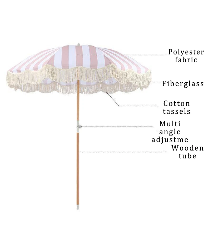 Portable Luxury 8ft Boho White Parasol Custom Vintage Windproof Wooden Shaft Beach Umbrella Fringe Tassels Travel Manual Control