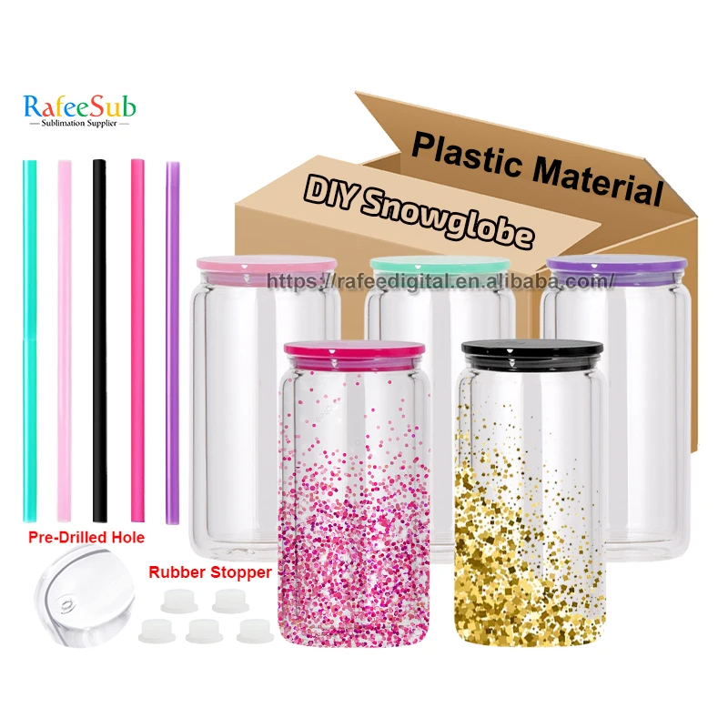 Wholesale Bulk 16oz 16 oz Pre-drille Hole Clear Double Wall Plastic Beer Can Snow Globe Snowglobe Tumbler Cup with Plastic Lid