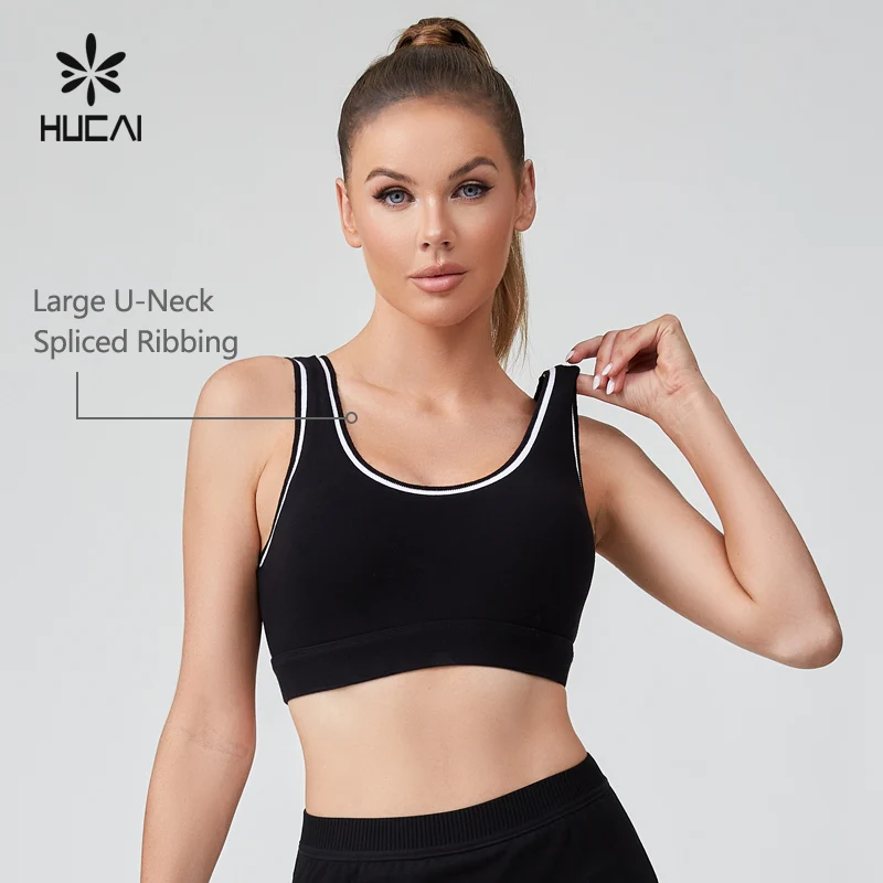 HUCAI custom cotton spandex black Contrasting stripes heavy weight U back high impact yoga gym sports bra for women