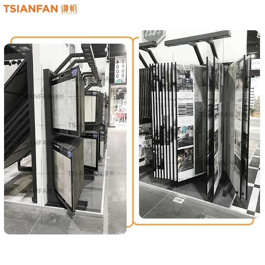 Factory Metal Page Turn Holder Marble Quartz Ceramic Showroom Stone Stand Wooden Sample Page Turning Floor Tile Display Rack