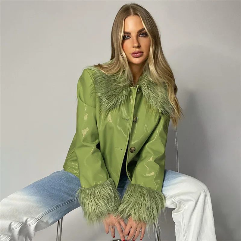 Autumn Fashion Fit Long Sleeve Fitness Jacket Fur Collar Single Breasted Slim Body Warm PU Leather Coat For