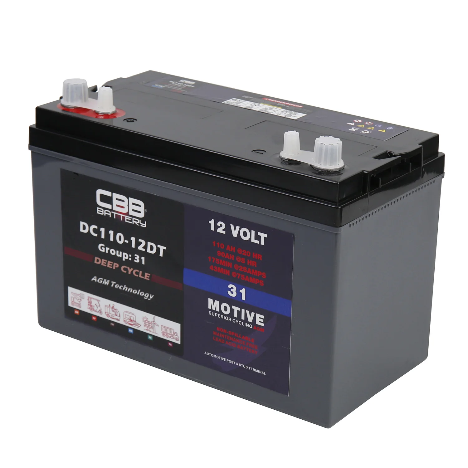 CBB Dual Terminals 12V 110AH Deep Cycle Solar Battery for Golf Cart, Sweeper