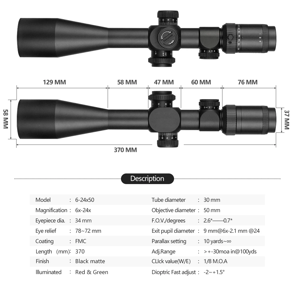 Оптический прицел SPINA FFP 6-24x50 ИК охотничий тактический