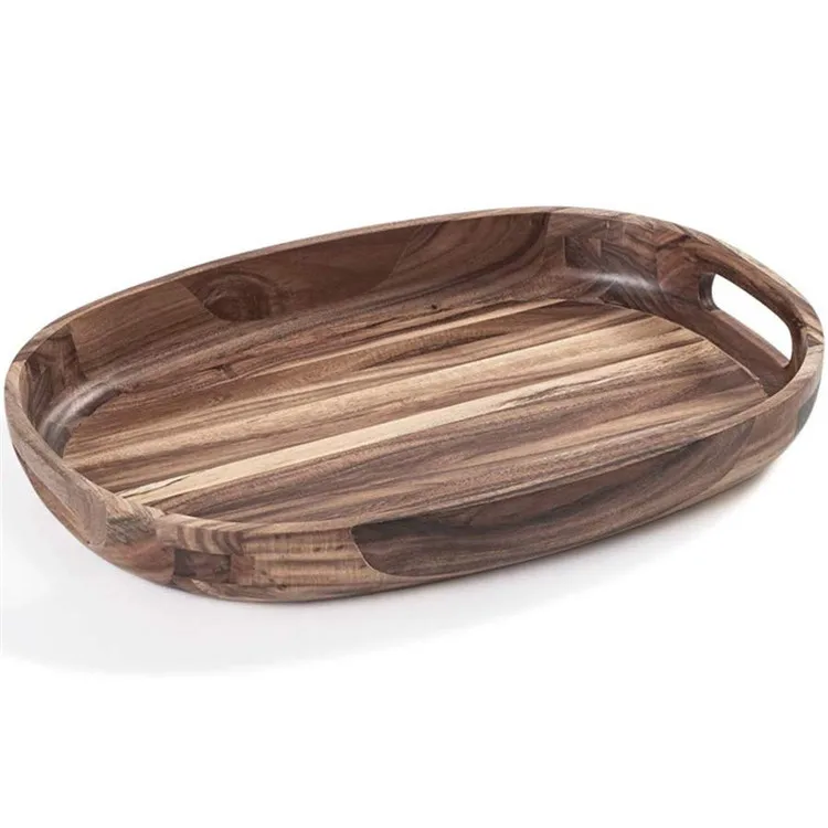 Custom Tableware Elegant Curved Design Oval Structure Crafted Natural Solid Wood Serving Tray Plant Wooden Trays