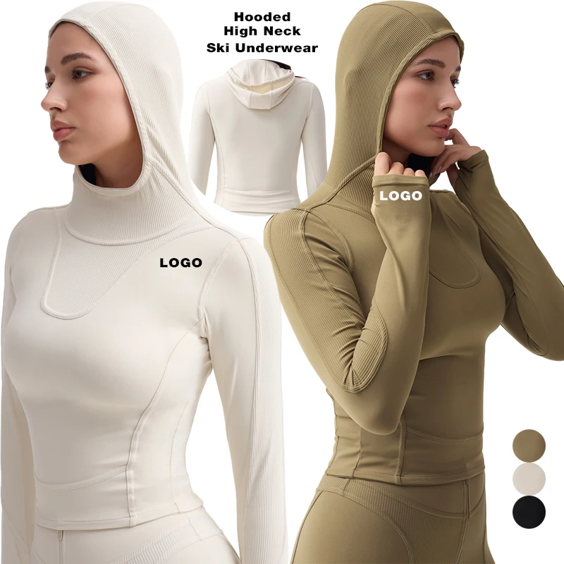 High Quality Womens Ski Suit Yoga Wear Sports Clothes Workout Ribbed Half Zipper Legging Splicing Hooded Jacket Gym Fitness Sets