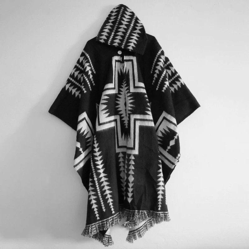 Tribal Native American Hoodie Custom Hooded Poncho Pullover Unisex Aztec Wool Poncho Fringed Southwestern Print Hooded Poncho