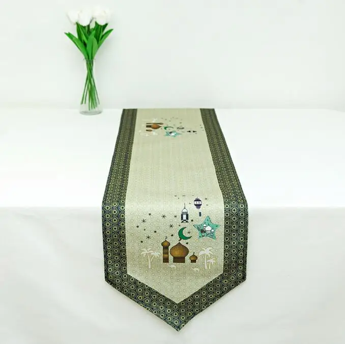 Amazon Hot Sale Eid Mubarak Table Runner Golden Star Moon Lantern Ramadan Decorations for Table Decoration
