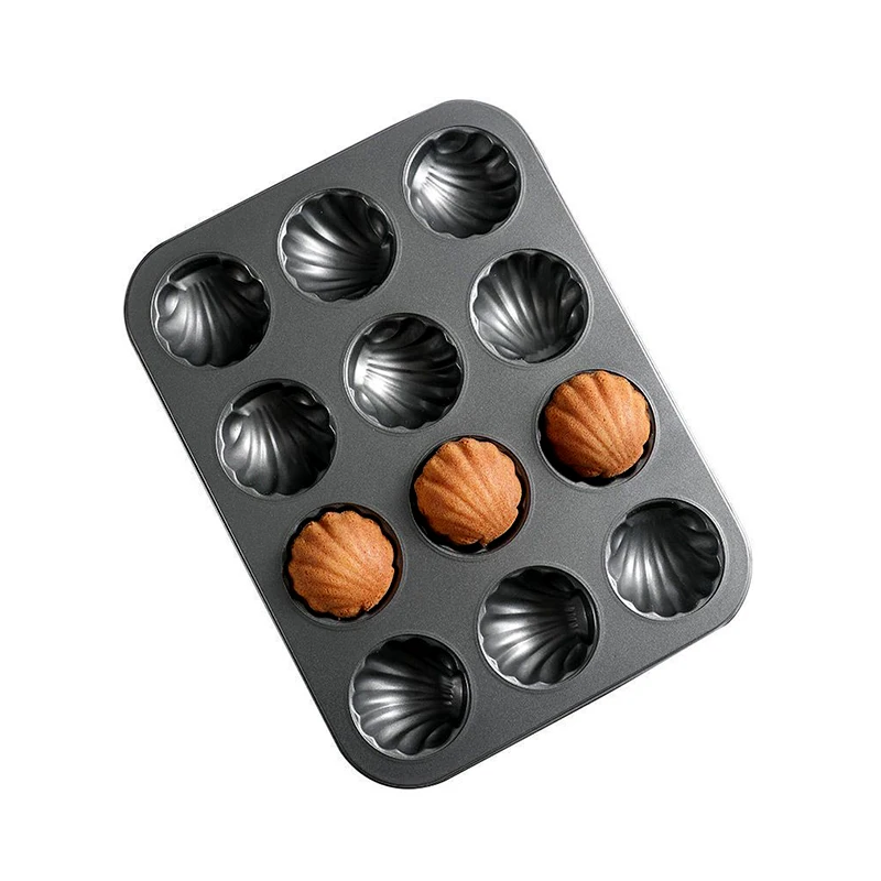 12 Cavity Non-Stick Carbon Steel Bakeare Shell Shaped Cake Baking Mold And Round Madeleine Pan Mold