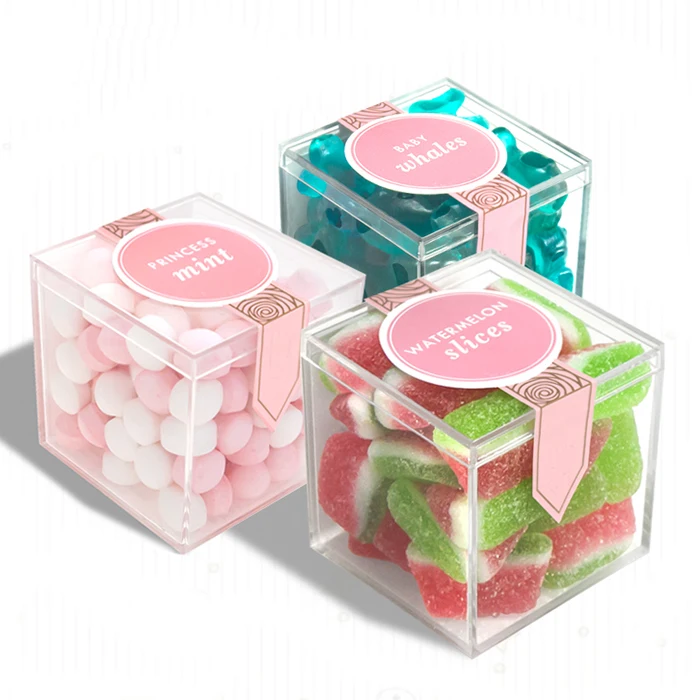 Custom Plastic Candy Box Acrylic Square Birthday Favor Sugar Cube Food Acrylic Plexiglass Boxes with Lids
