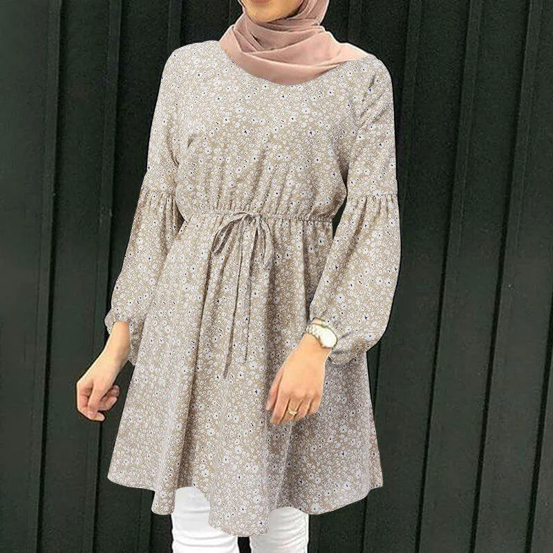 YiXin S-5XL 2022 Floral Pleated Long Sleeve O Neck Casual Blouse Ruffled Spring Long Shirts Muslim Women Islamic Long Shirts
