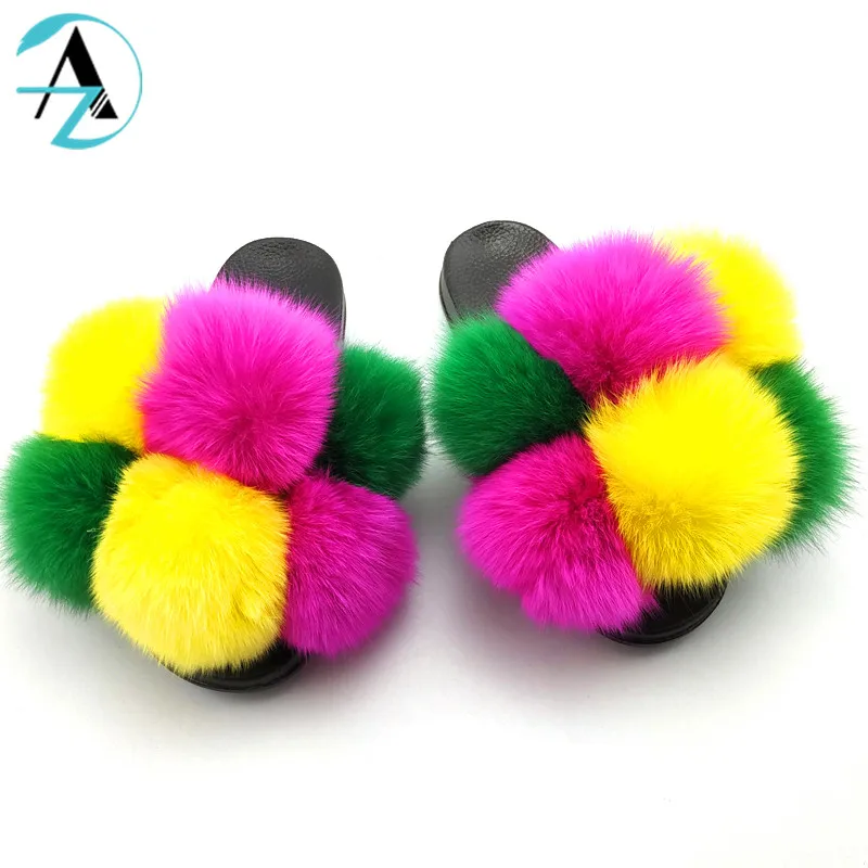 
Custom US Hot Sale PVC Sole Colorful Ratatable Six Balls Women Fur Slides Fluffy Real Fox Fur Slippers 