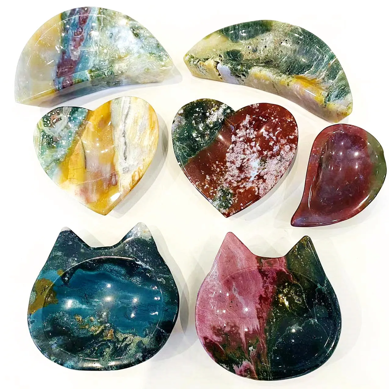 Natural Stone Carving Animal Statue Dish Crystal Heart Moon Ashtray Ocean Jasper Bowl for Decorate