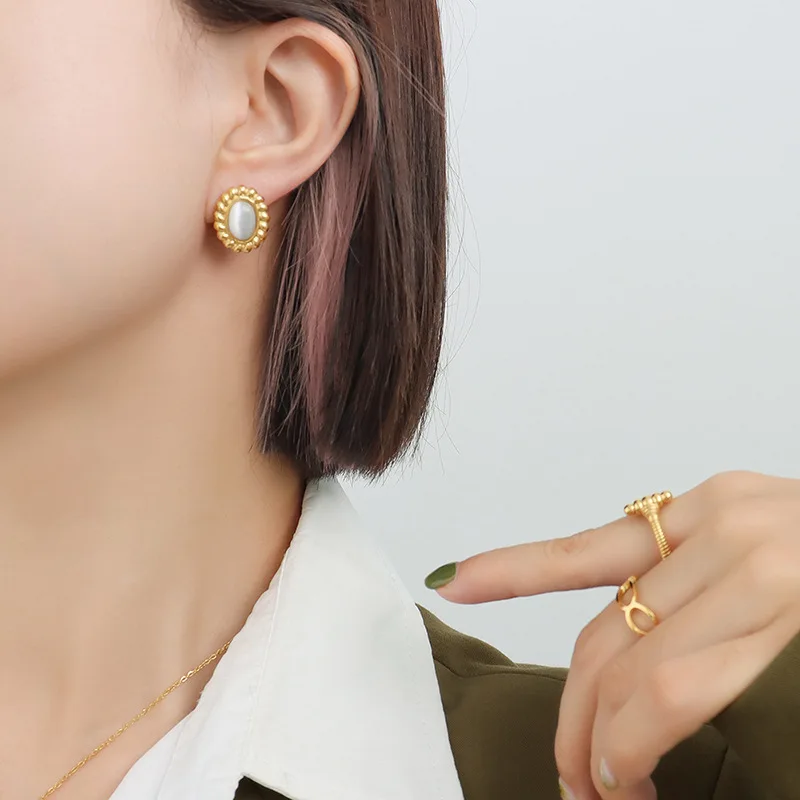 Sland Fine Jewelry Minimalist Designers Stainless Steel 18K Gold Plated Medallion Stone Opal Earrings Necklace Women Jewelry Set