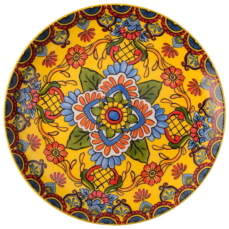 New Arrival Bohemian Dinnerware Set Household Ceramic Tableware Plate Yellow Flower Soup Bowl Dish Wholesale Retro
