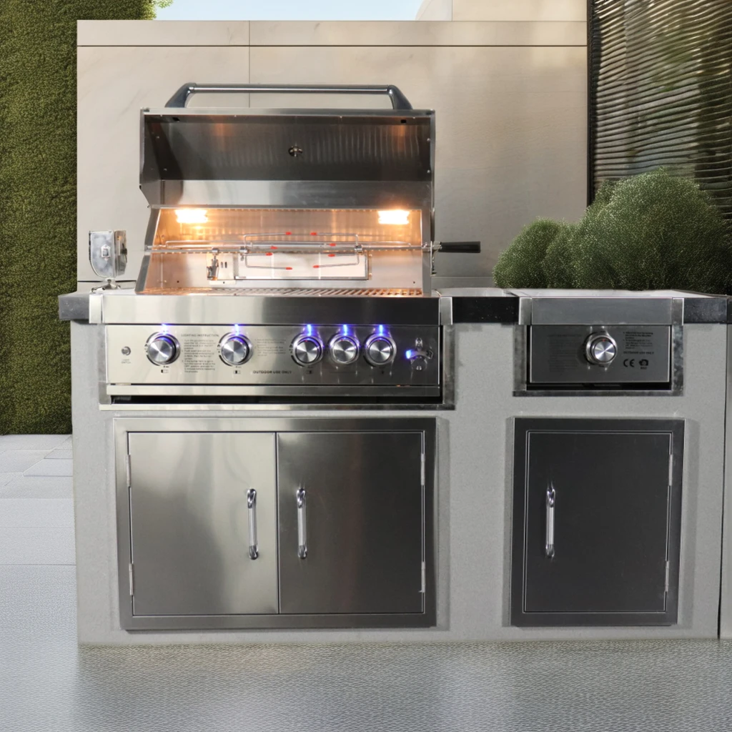 Stainless Steel 6 Burner Gas Grill for Outdoor Kitchen Barbecue Cooking Party with Refrirator and Side Stove