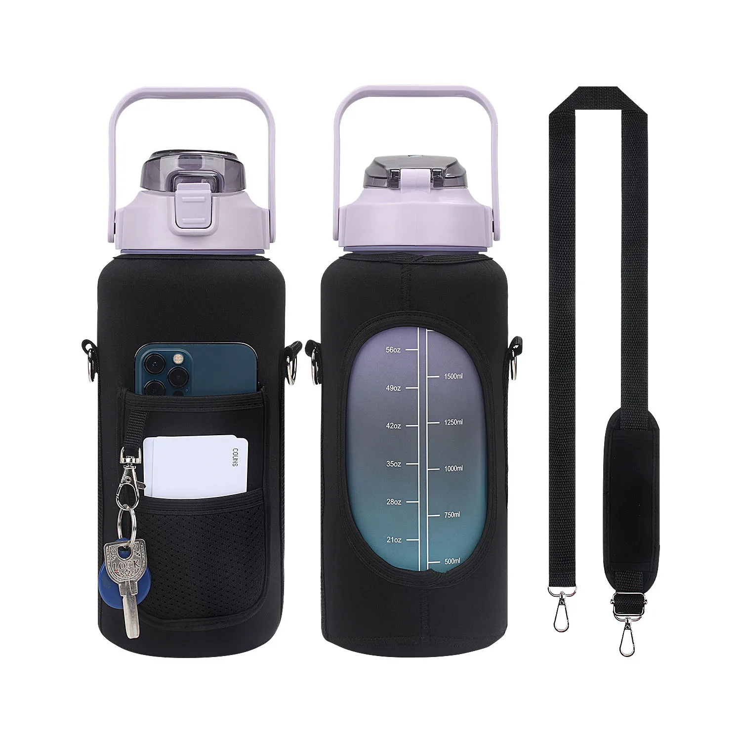 Half Gallon 64oz/2L Protective Water Bottle Carrier with Strap and Cellphone Holder Water Bottle Sleeve Cover