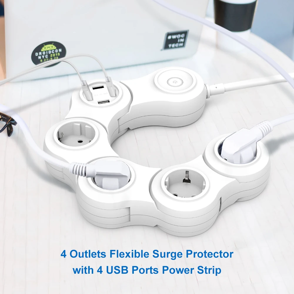 4 Outlets 4 USB Charging Ports Surge Protector Extension Socket Flexible Smart Power Strip