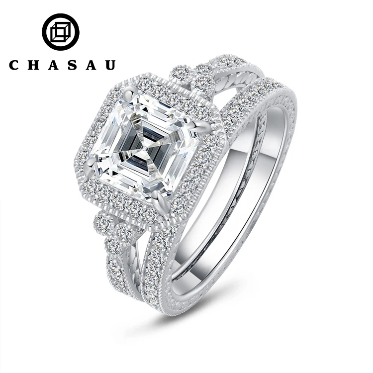 Wholesale Price 3 Carat Asscher Cut Cubic Zirconia Sterling Silver Bridal Set Platinum Plated 2pcs Vintage Engagement Ring