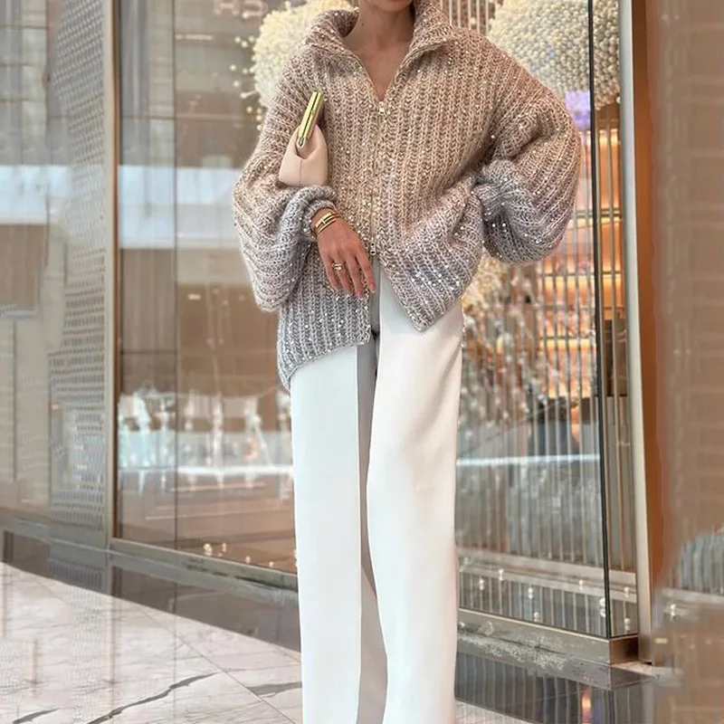 Loose High Class Elegant Sequin V-Neck Sweater Coat