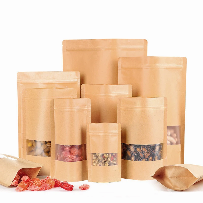 Biodegradable Recycled Customized Stand Up Pouches Dry Food Packaging Brown Kraft Paper Bags With Translucent Window