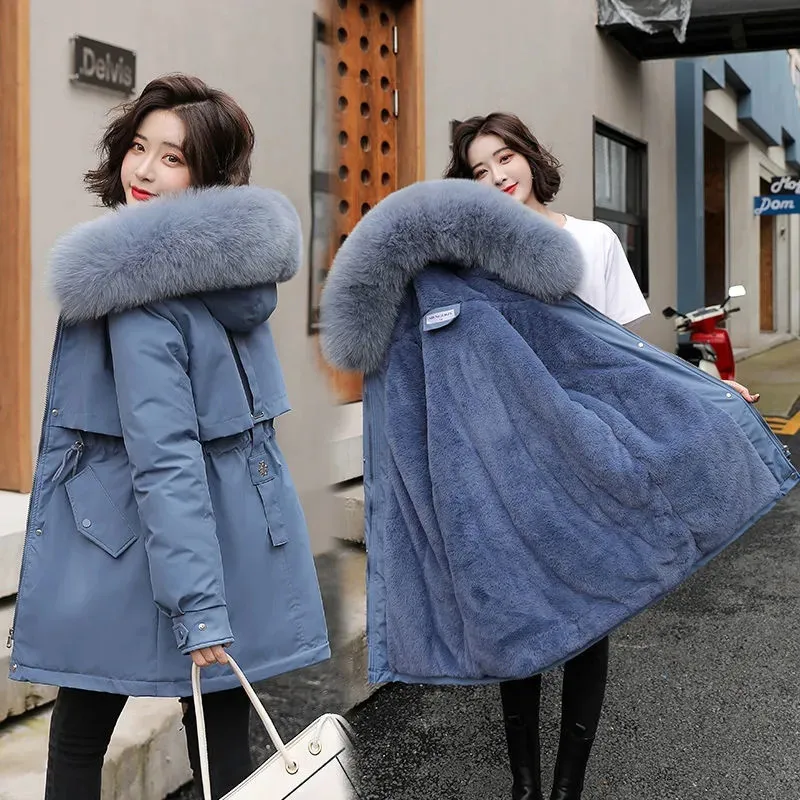 2024 New Winter Jacket Women Parka Fashion Long Coat Wool Liner Hooded Parkas Slim With Fur Collar Warm Snow Wear Padded Clothes