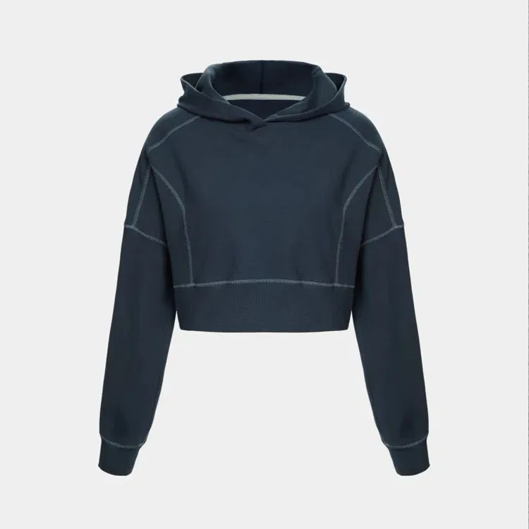 Customized Casual Pullover Women Street wear Long Sleeve Hoodie Crop Top Hooded Women Contrast Trim Waffle Cropped Hoodie
