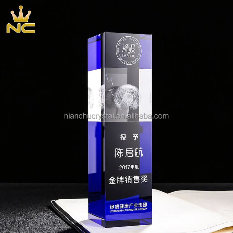 Wholesale Manufacturing Blue Custom Awards 3D Laser Engraved Crystal Diamond Trophy