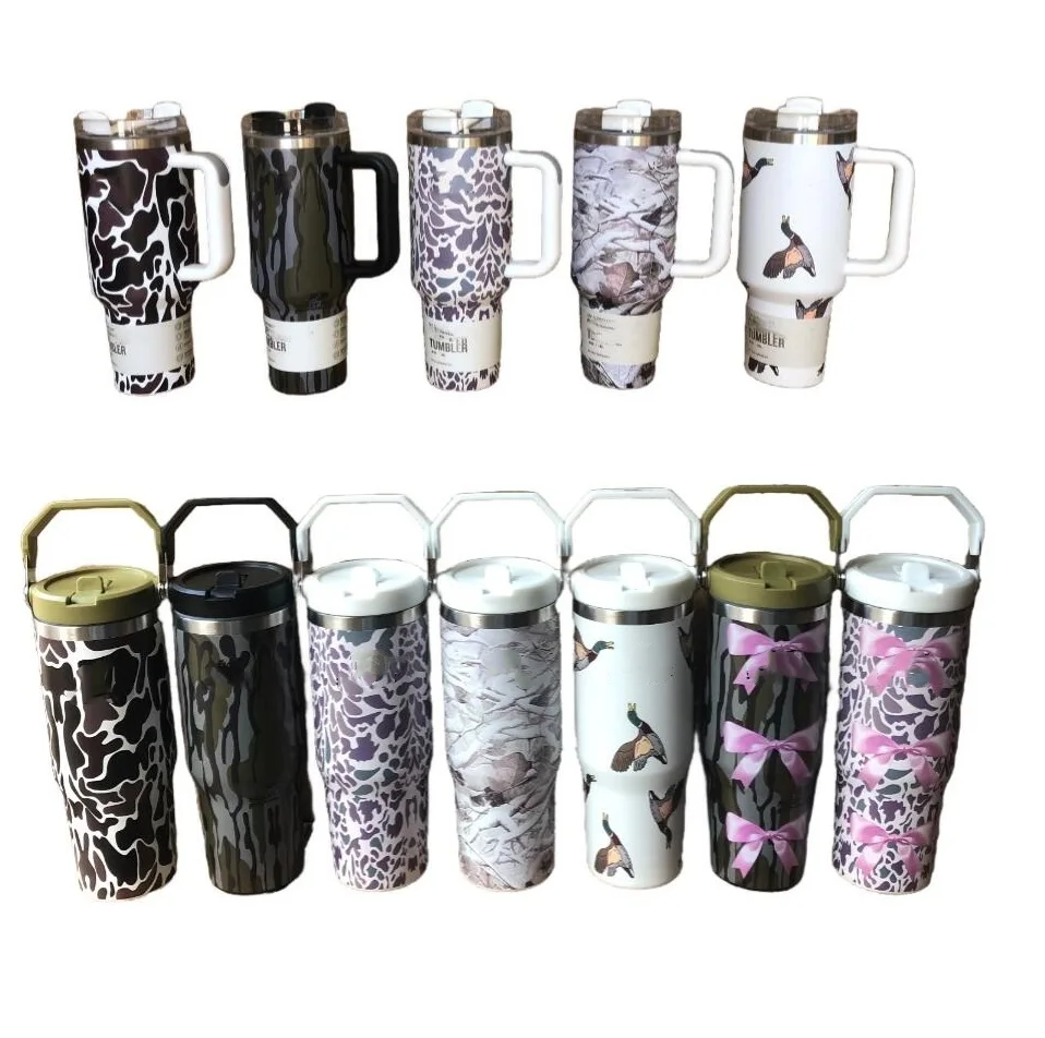 Leopard camouflage print delicate 30oz 40oz  water mug cups with straw designer camo straw cup tumbler