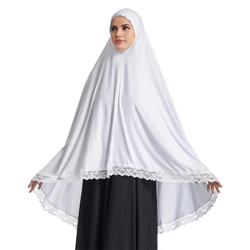 Muslim White Over Head Scarfs Caps Milk Silk Prayer Tops Dress Long Hijab Lace Edge Overarm Lace Hem Khimar