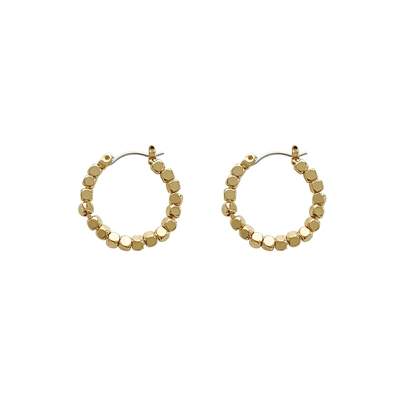 E0100  20mm Gold Color Cubes Beaded Earring Brass Round Geometric Earrings for Women Circle Minimalist Hoop Earrings 2020