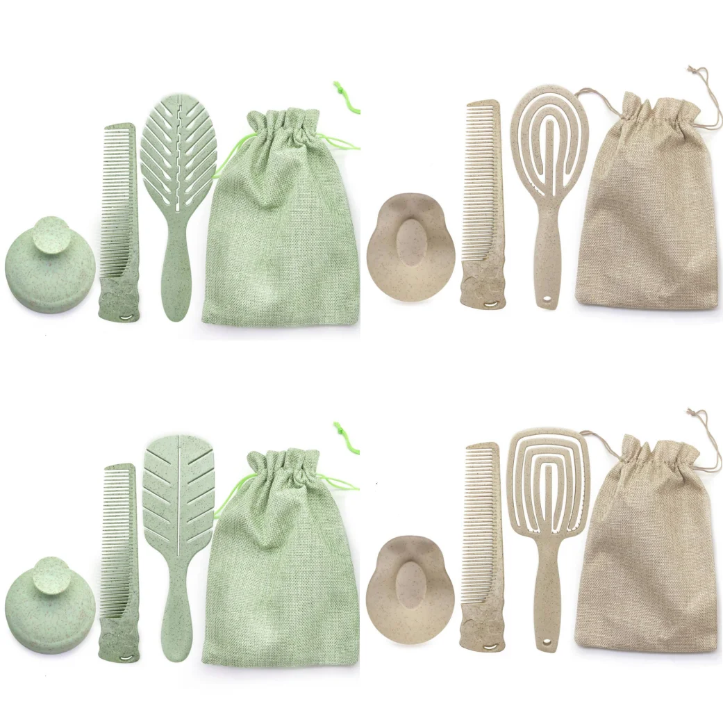 3 in 1 Eco-friendly Wet Dry Use Wheat Straw Detangler Hairbrush Scalp Massager Shampoo Brush Wide Tooth Hair Comb Travel Kit