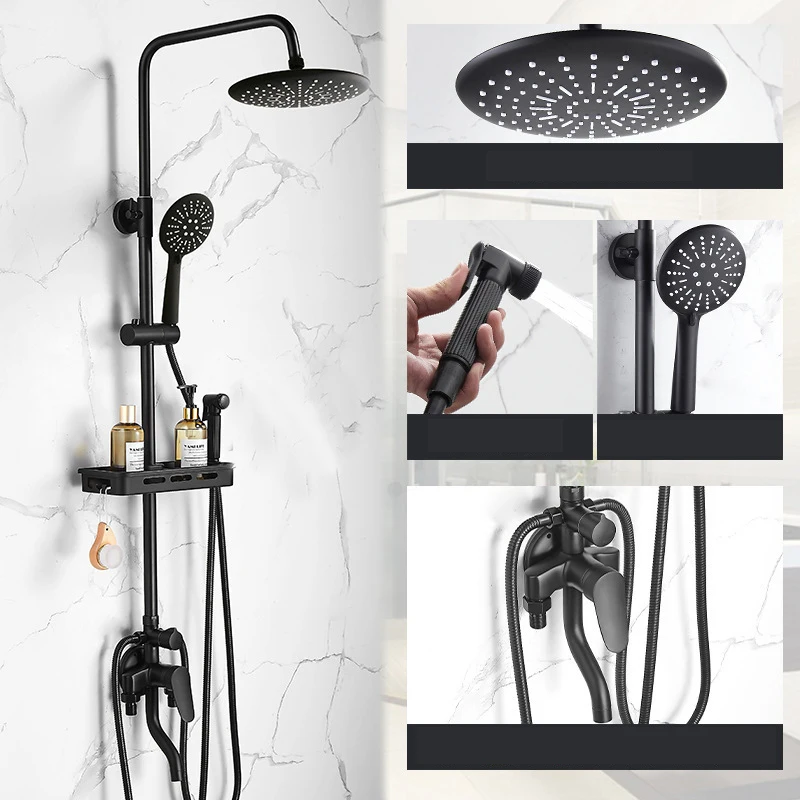 Brushed Brass Full Luxury Rain Shower Head Set Stainless Mown Kit De Douche Black Bathroom Shower Set with Thermostat