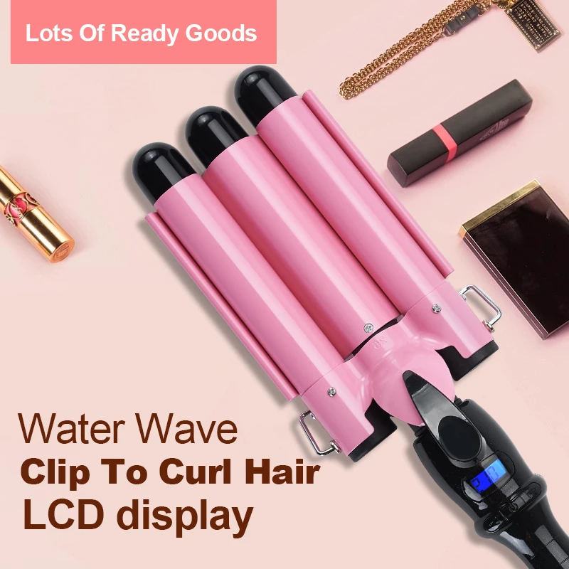 3 Barrel curling iron 25mm hair waver egg roll head large pink crimple with LCD display curling iron