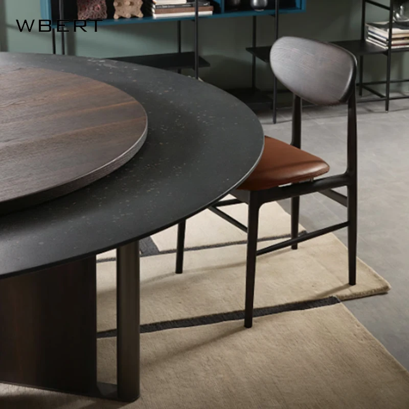WBERT Modern  Living Room with Rotary Table, Solid Wood Marble Round Table Hotel Restaurant Furniture Minimalist Dining Table