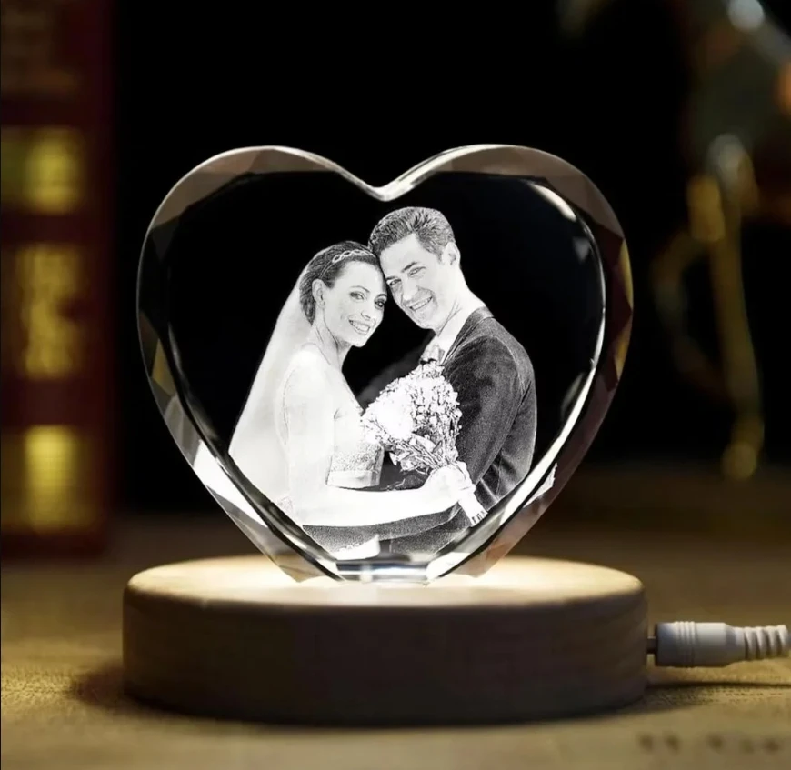 Custom Heart Shape Warm Light Led Lamp 3d Photo Laser Engraved Crystal Decoration Lighting